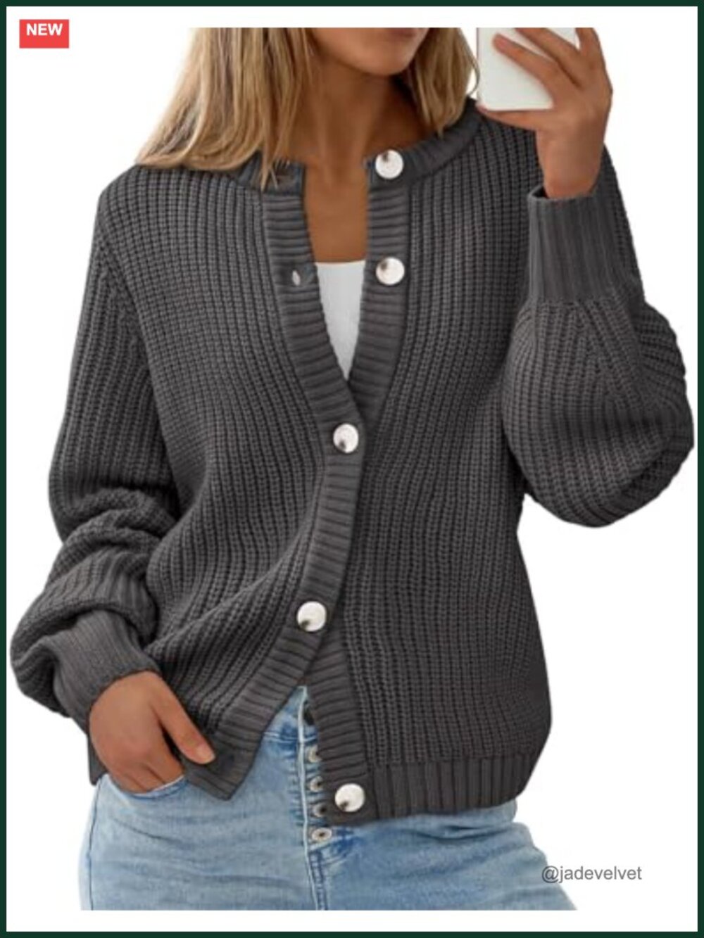Chunky Knit Button Up Cardigan Lantern Sleeve Loose Fit Ribbed Sweater